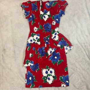 Vtg Tareti Howard Levi Red/Blue Floral Peplum Dress W Detachable Shoulder Pads